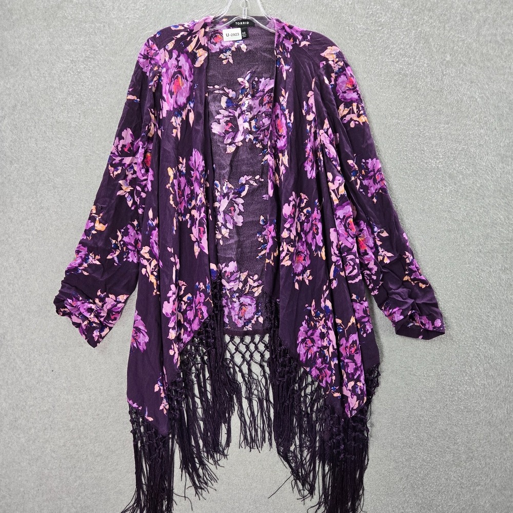 Torrid Women Sweater 00 Purple Floral Kimono Cardigan Fringe Open Front